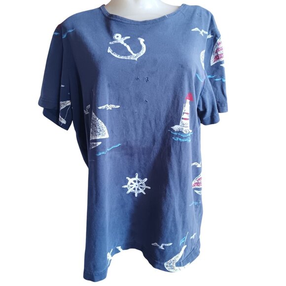 Vintage Large Women's T-shirt 80's Nautical-Themed Blue Lighthouse Anchors AOP - Picture 2 of 7